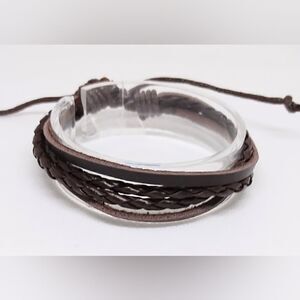 Leather bracelet layered braided brown new e22‎